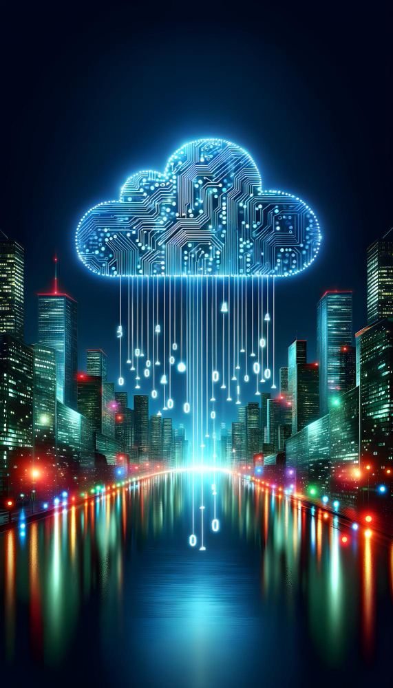 Neon blue circuit-cloud hovering above a futuristic city at night with data streams raining into a bright river.