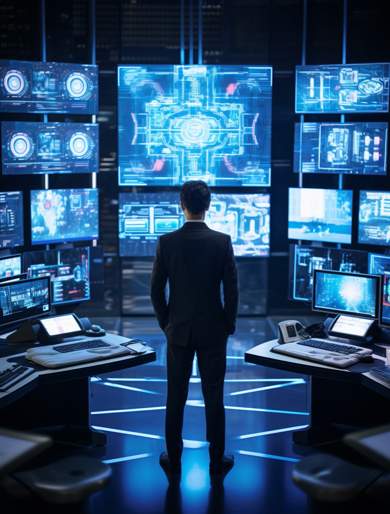 Man in a suit stands with his back to the camera in a futuristic control room surrounded by blue holographic screens.