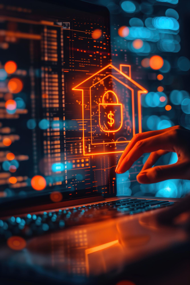 Glowing orange outline of a house with a padlock and dollar sign on a laptop screen, symbolizing home financial security in a digital system.