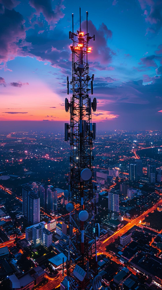Tall cell tower with antennas rising above a brightly lit city at dusk.
