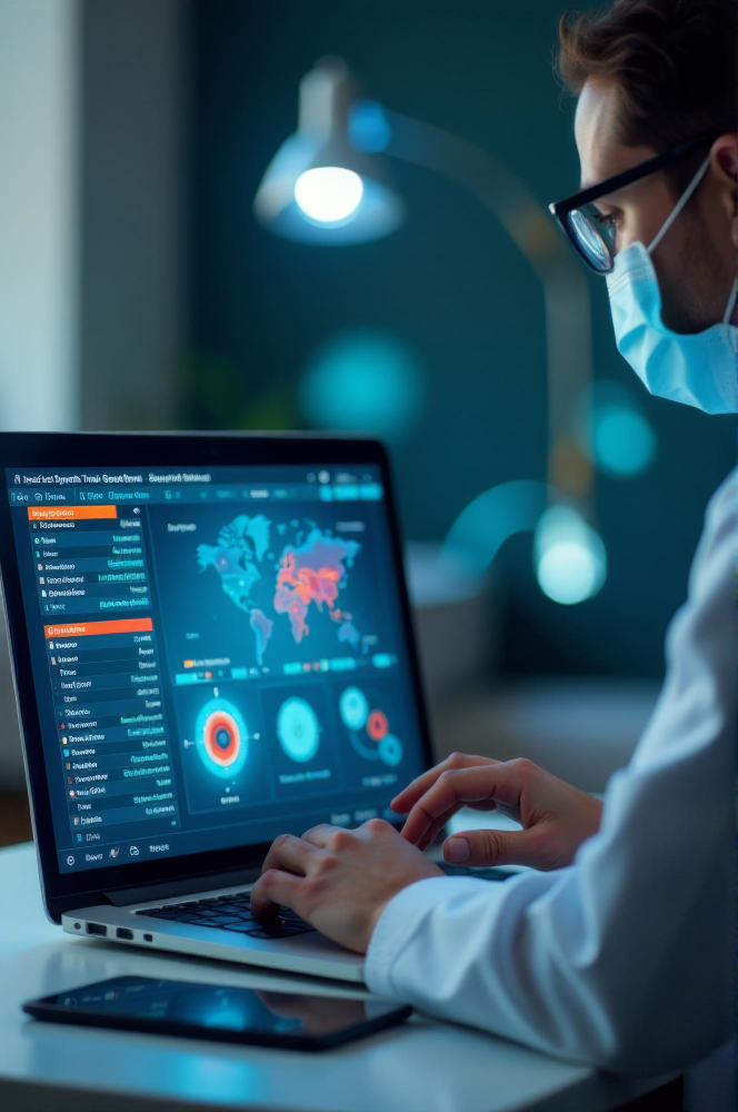 Person wearing a surgical mask and glasses types on a laptop displaying global data dashboards and charts