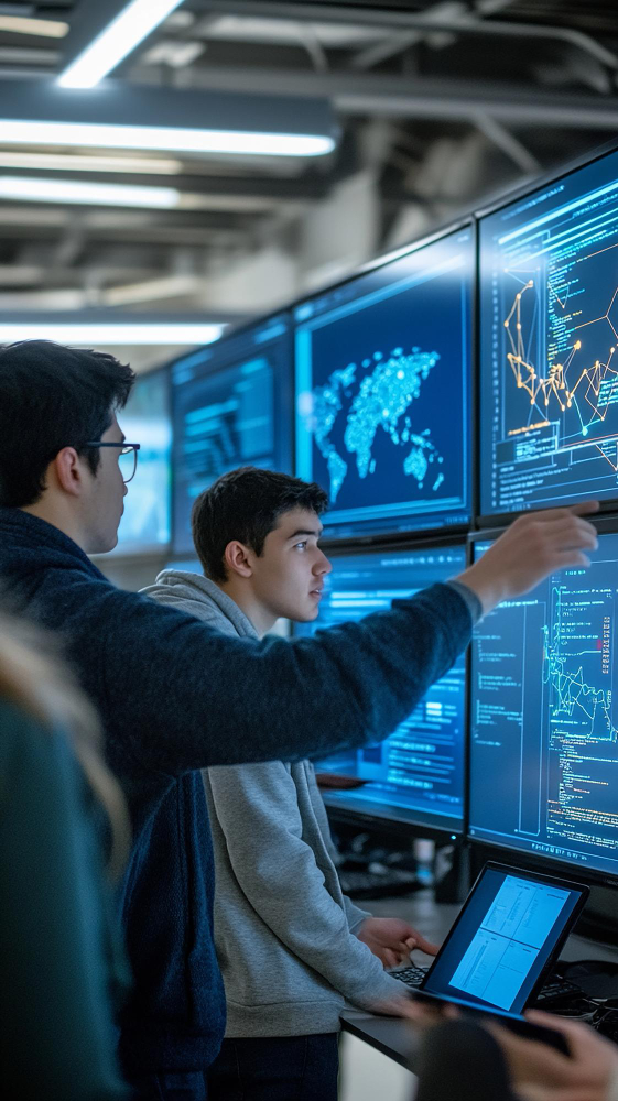 Two analysts in a high-tech control room study multiple blue-toned dashboards, including a world map and charts on large screens.