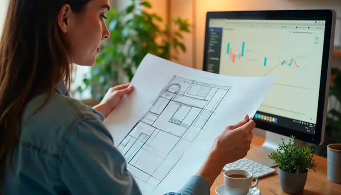 Person reviews an architectural floor plan blueprint at a desk, with a monitor displaying charts in the background on the right.