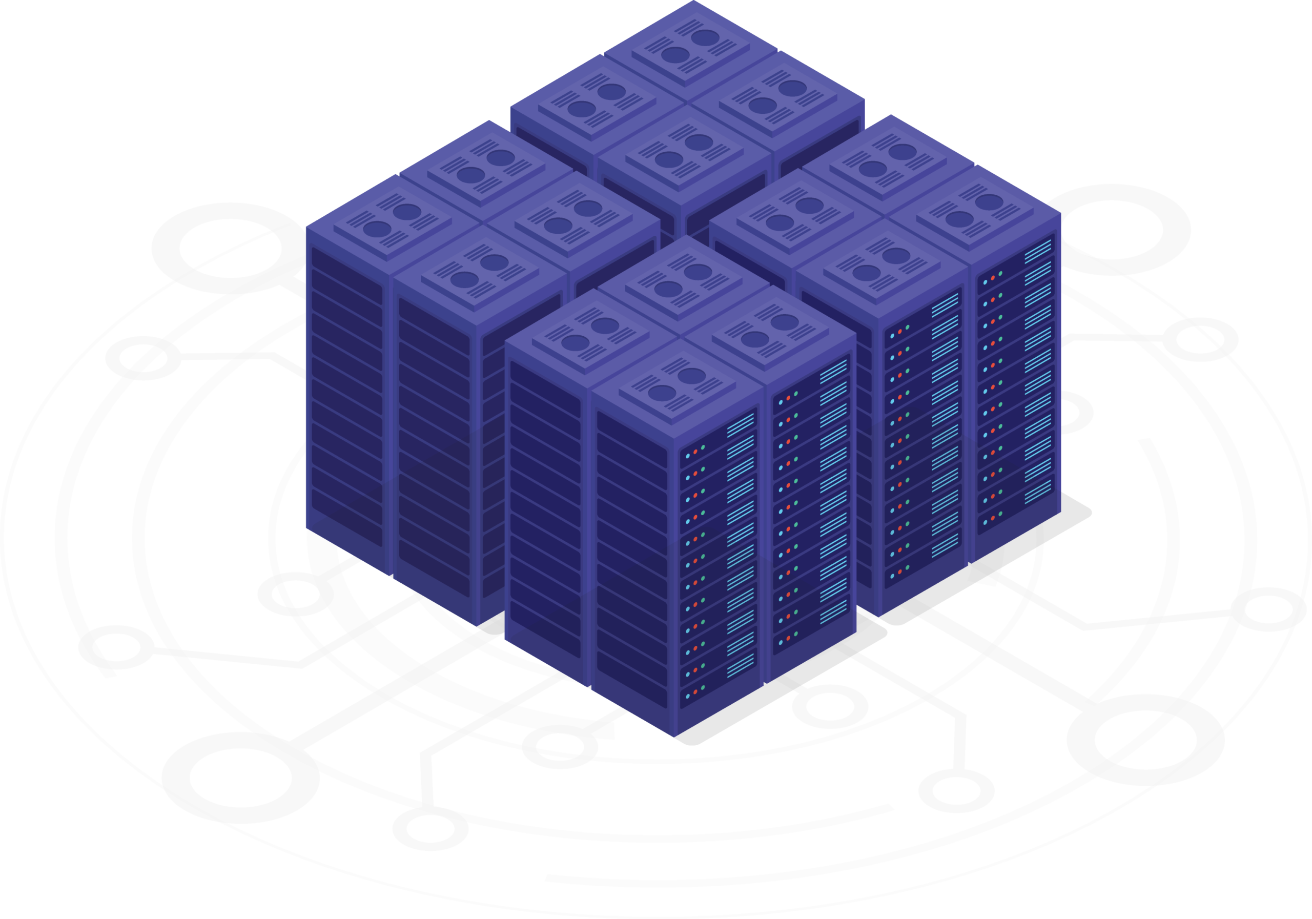 Isometric data center with blue server racks surrounded by white circular network rings around them, representing connectivity.